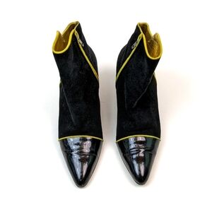Vintage Escada Black Suede Heel Booties with Yellow Leather Trim